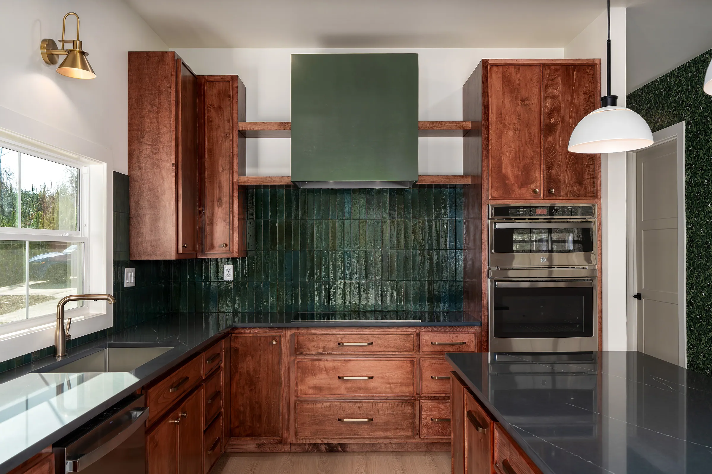 Shady Cove kitchen — green tile and brass